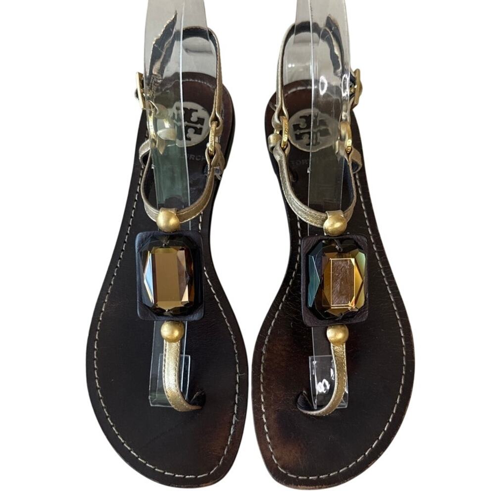 Tory Burch Jeweled Stone Thong Sandals Gold Brown T-Strap 6.5